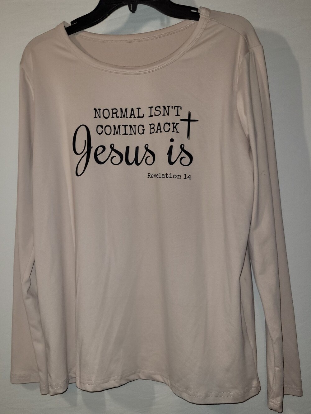 Cream Long Sleeve Tee with Black Religious Script, XL